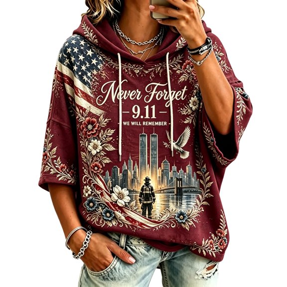 AHMOMEI Women's Vintage 911 Never Forget Shirt 25th Anniversary Hooded Womens Tops 3/4 Sleeve Courage Hope American Flag 911 Tshirt XXL