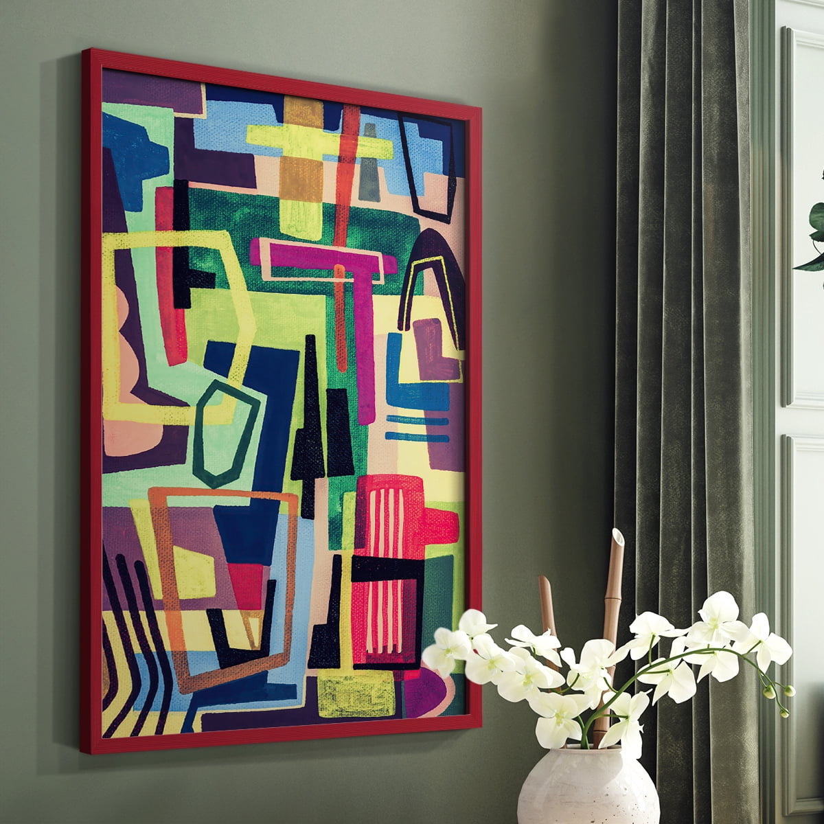 Connected Colors I Framed Print in Red Solid Wood Framed Print No Nail Hanging