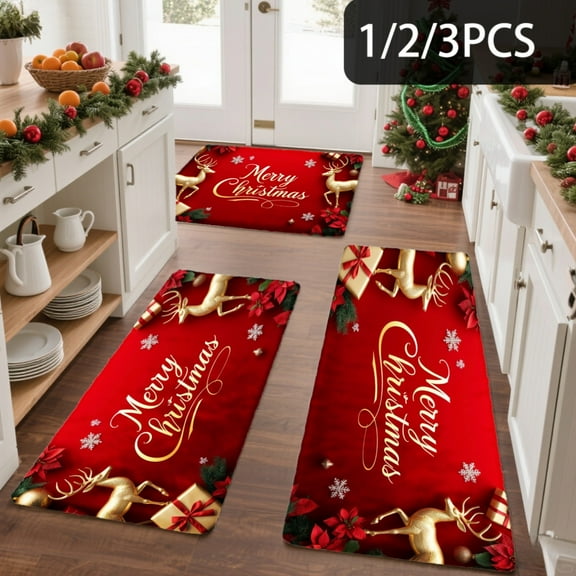 3PCS Kitchen Mat set, Welcome Door Flannel Rug,Home Decor for Front Door,Kitchen, Bathroom, Merry Christmas Red Gold Snowflakes ,Great gift for Family and Friends.