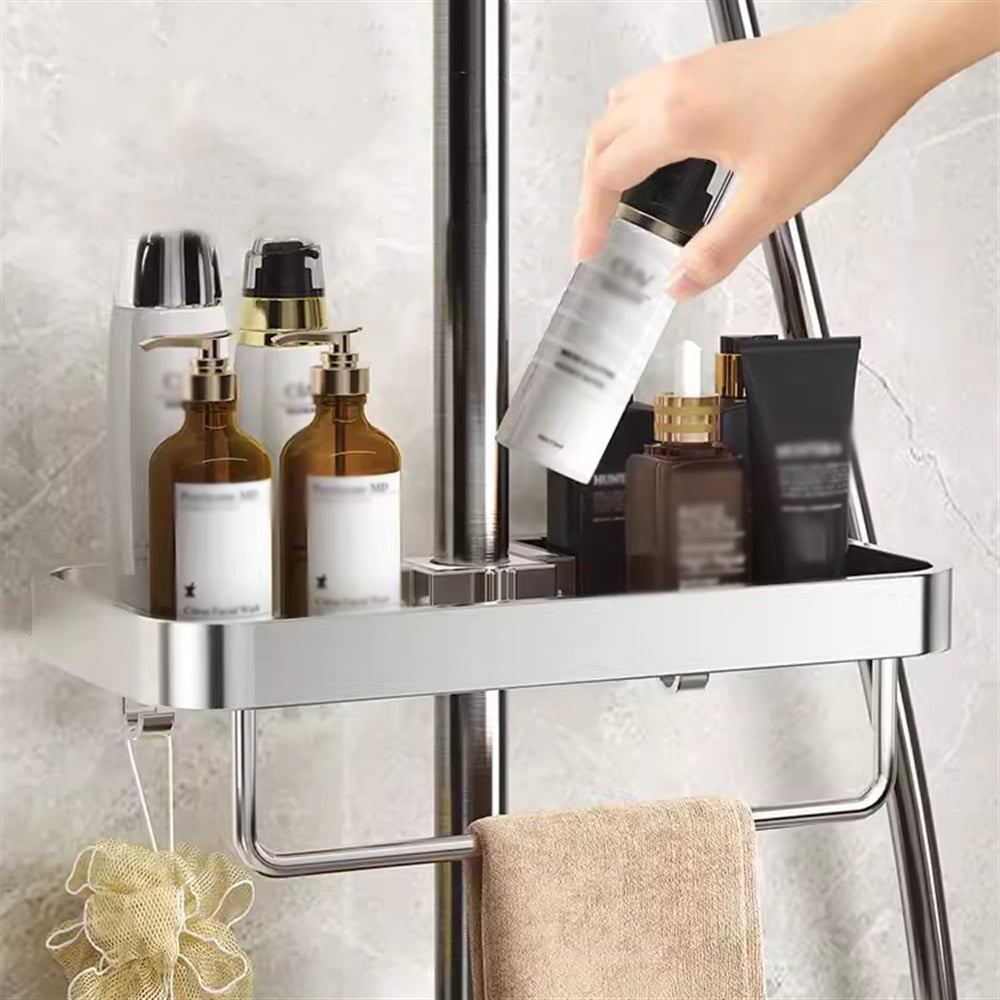 Modern Aluminum Shower Shelf with Hooks, Adjustable Height and Rotation Bathroom Hanging Organizer