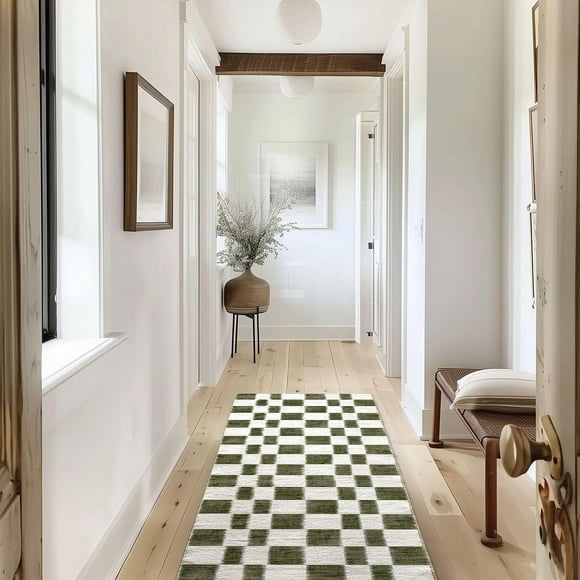 Alfombra EVERGRACE a cuadros, 183 x 61 cm, suave lana sintética, color oliva