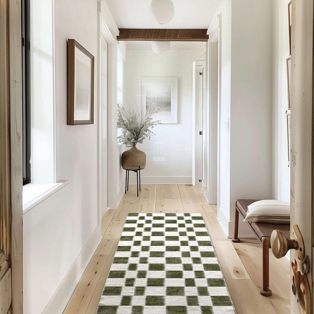 Alfombra EVERGRACE a cuadros, 183 x 61 cm, suave lana sintética, color oliva