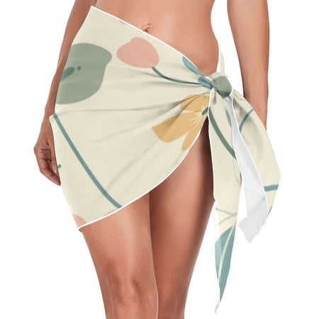 Flowers with Leaves Full Women Coverups Beach Cover Up Chiffon Swimsuit Bikini Wrap Short Skirt Beach Slit Tie Waist