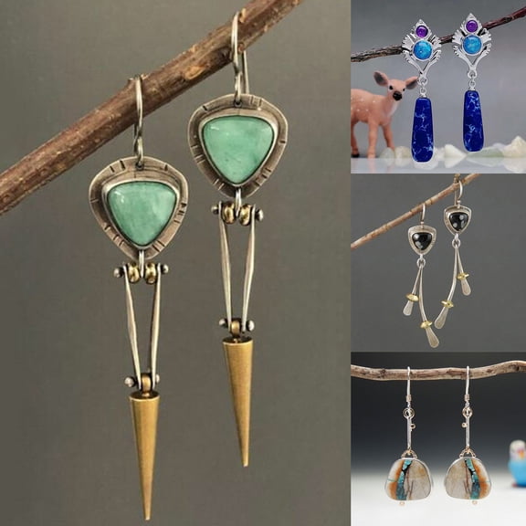 Anvazise 1 Pair Unique Carved Piercing Drop Earrings Charm Gift Vintage Ethnic Style Women Stones Hook Earrings Party Jewelry style A