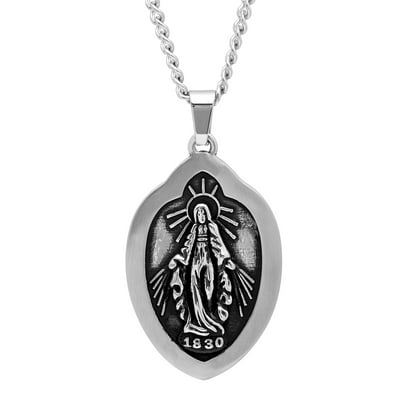 Vintage Mens Stainless Steel Miraculous Medal Pendant Necklace Chain