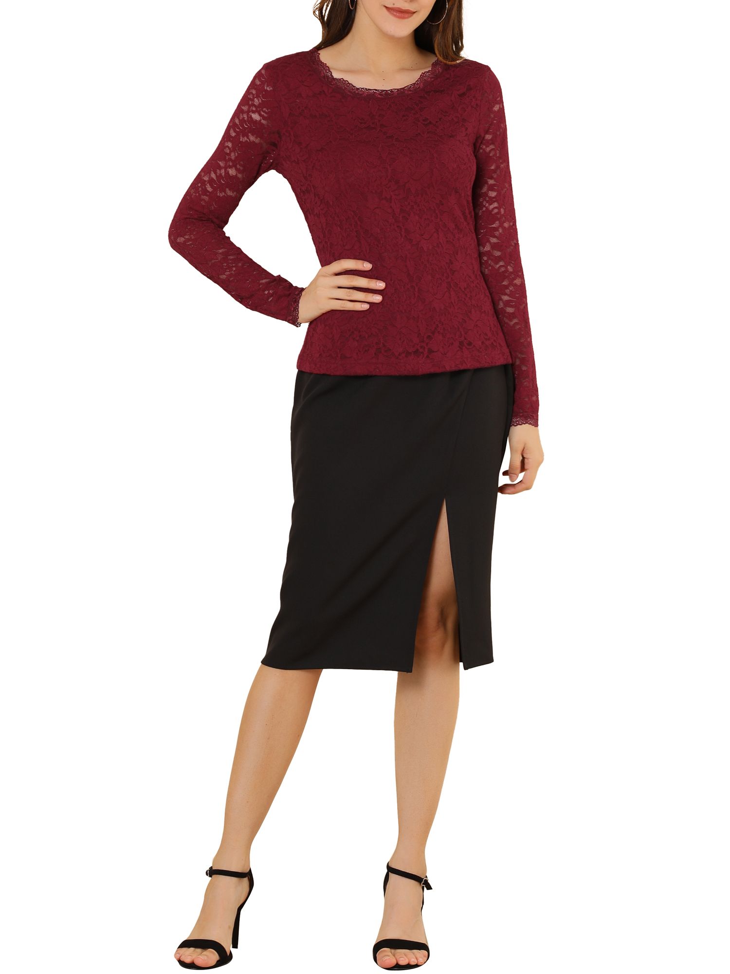 DARING DIVA Sheers Flower Embroidery Lace Top XL Burgundy
