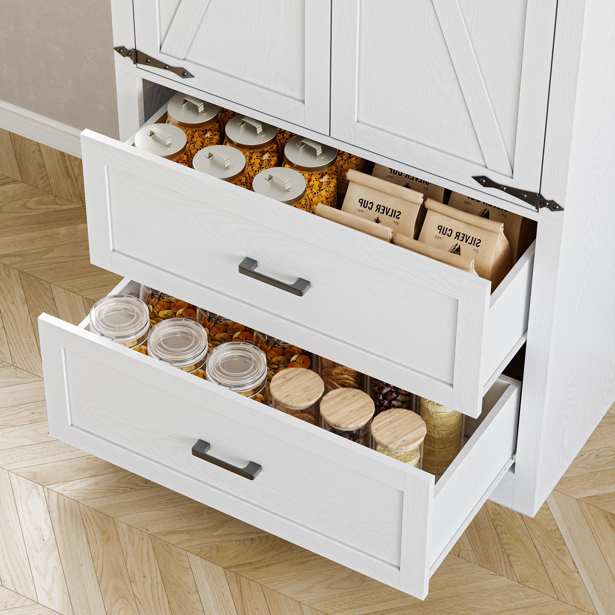 Pantry Organizers and Storage Cabinet, 71'' Barn Door Kitchen Cabinet with Drawers and Adjustable Shelf, Tall Pantry for Kitchen, Dining Room, Living Room. Bathroom and Office