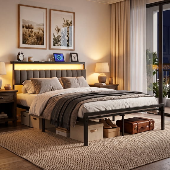 Tulib Queen Bed Frame, Queen Size Platform Bed Frame with Headboard, Underbed Storaeg and Charging Station, Upholstered Queen Bed Frame, No Box Spring, 800lbs, Easy Assembly