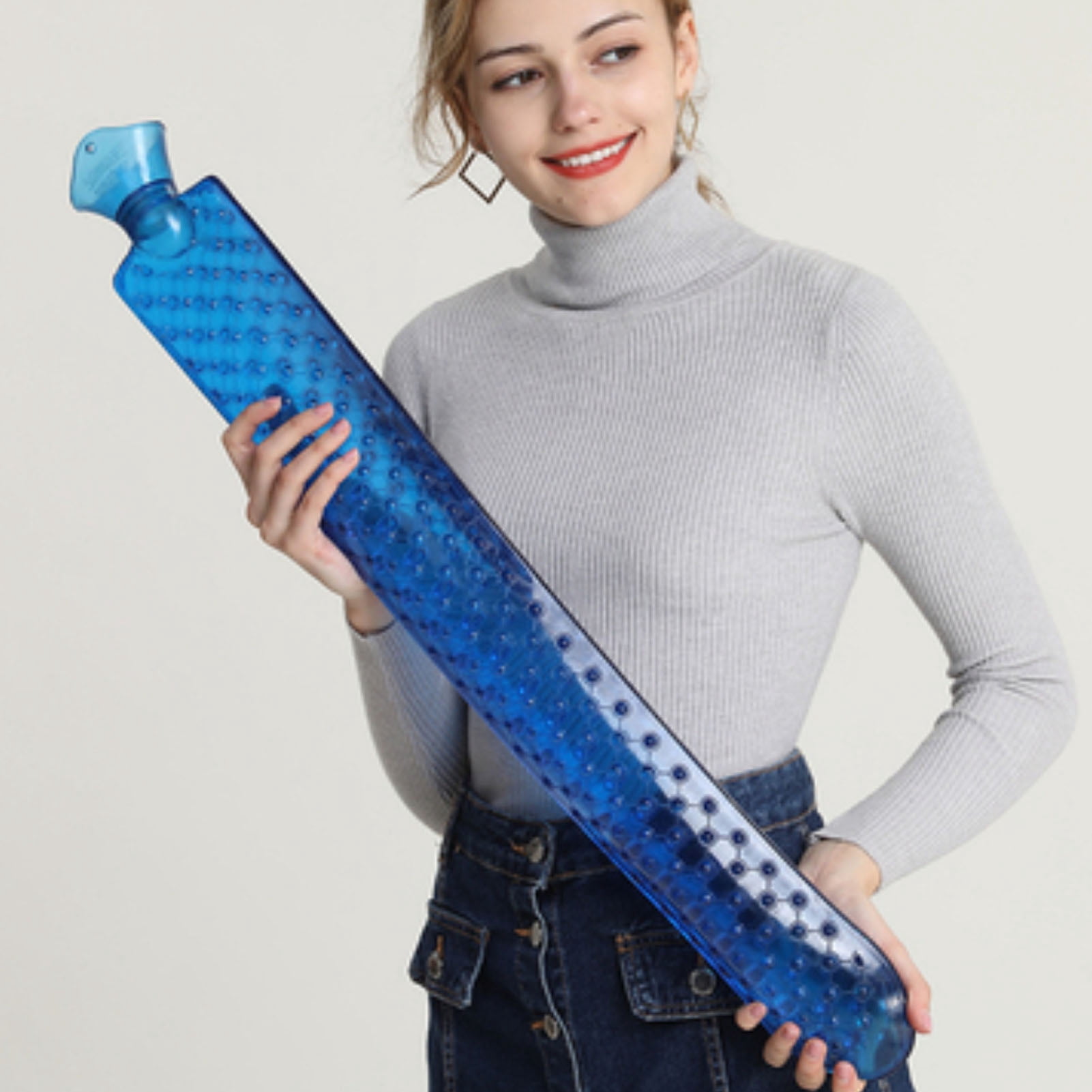Yajisi Large Hot Water Bottle Explosion Proof Water Filled PVC Bag for Winter Warm Hands Feet Blue Cloth Cover 16 inches / 40.6 cm Reusable Therapy Pack 28.9 oz / 820 g