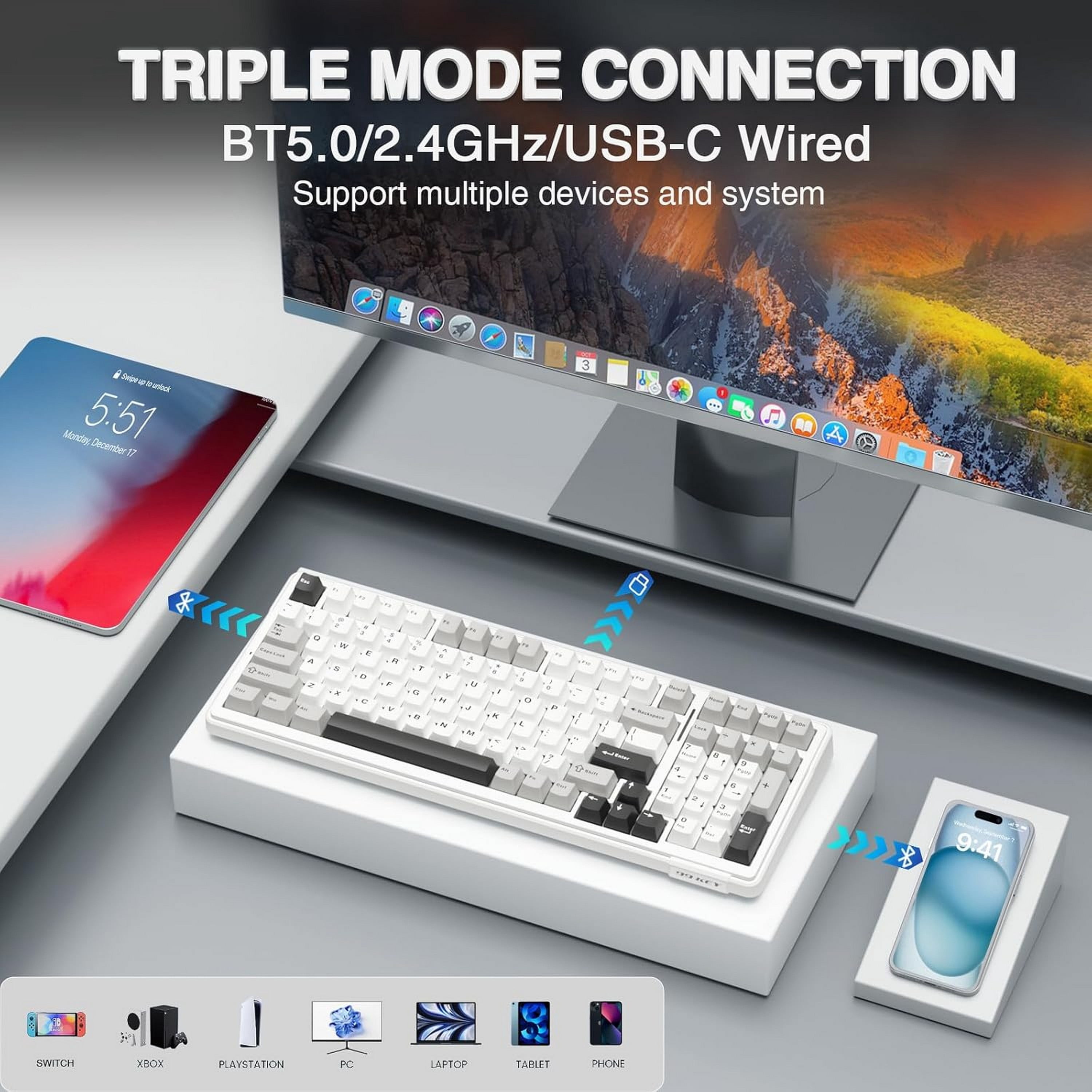 AULA F99 96% Wireless Mechanical Keyboard, Hot Swappable, Tri-Mode Bluetooth 5.0/2.4GHz/USB-C, Pre-Lubed Linear Switches, RGB Backlit, Macro Support, Black/Grey/White
