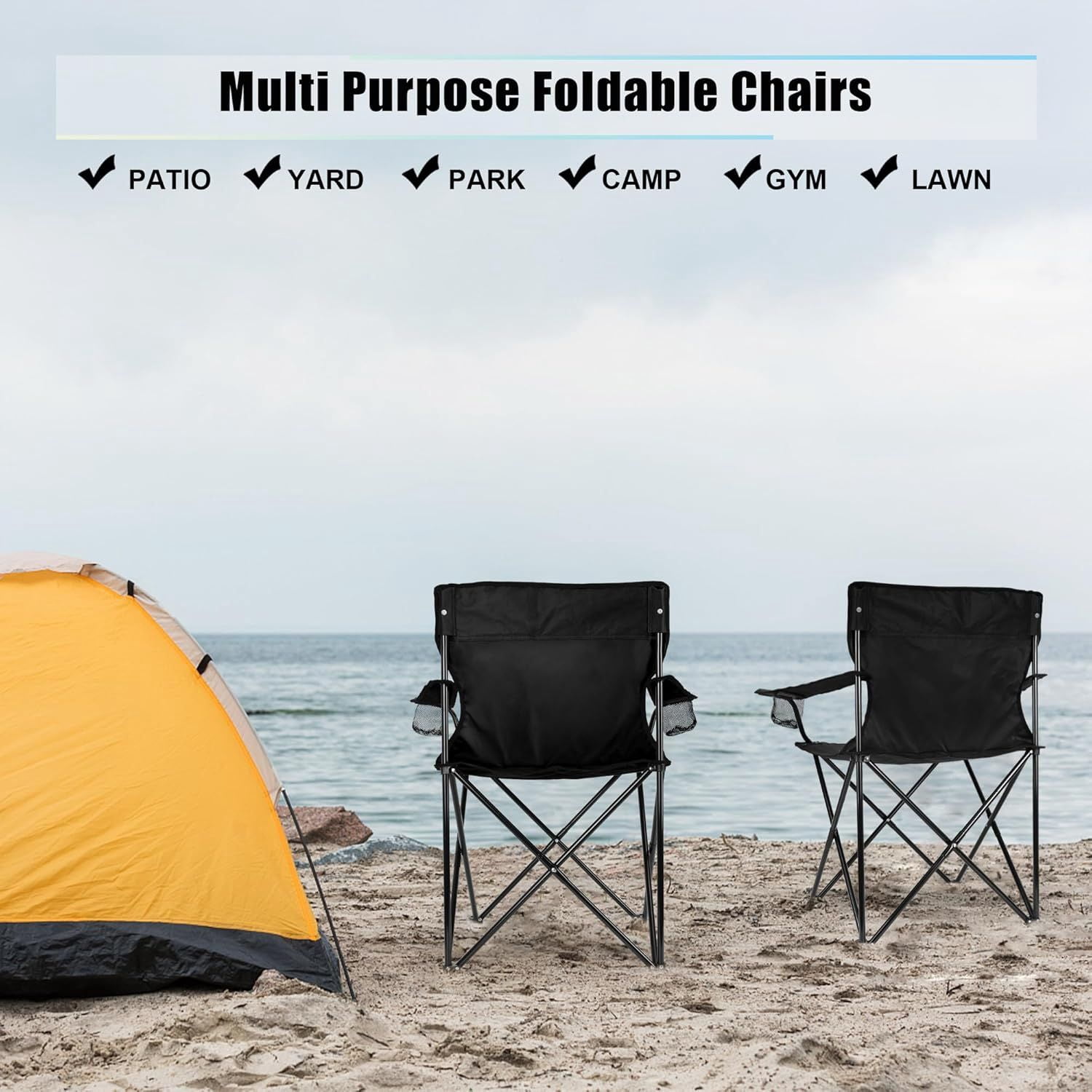 Foldable Camping Chair Set of 2, Folding Camp Chairs for Adults, Large Portable Lawn Chair for Outdoors Fishing, Hiking, Travel, Picnic, Beach, Supports 275lbs & Include Storage Bags