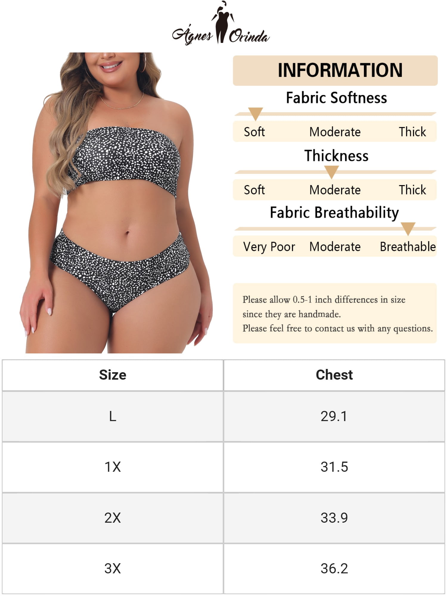 DARING DIVA Women's Plus 2pcs Bandeau Bikini High Waist Bathing Suit 2X Black