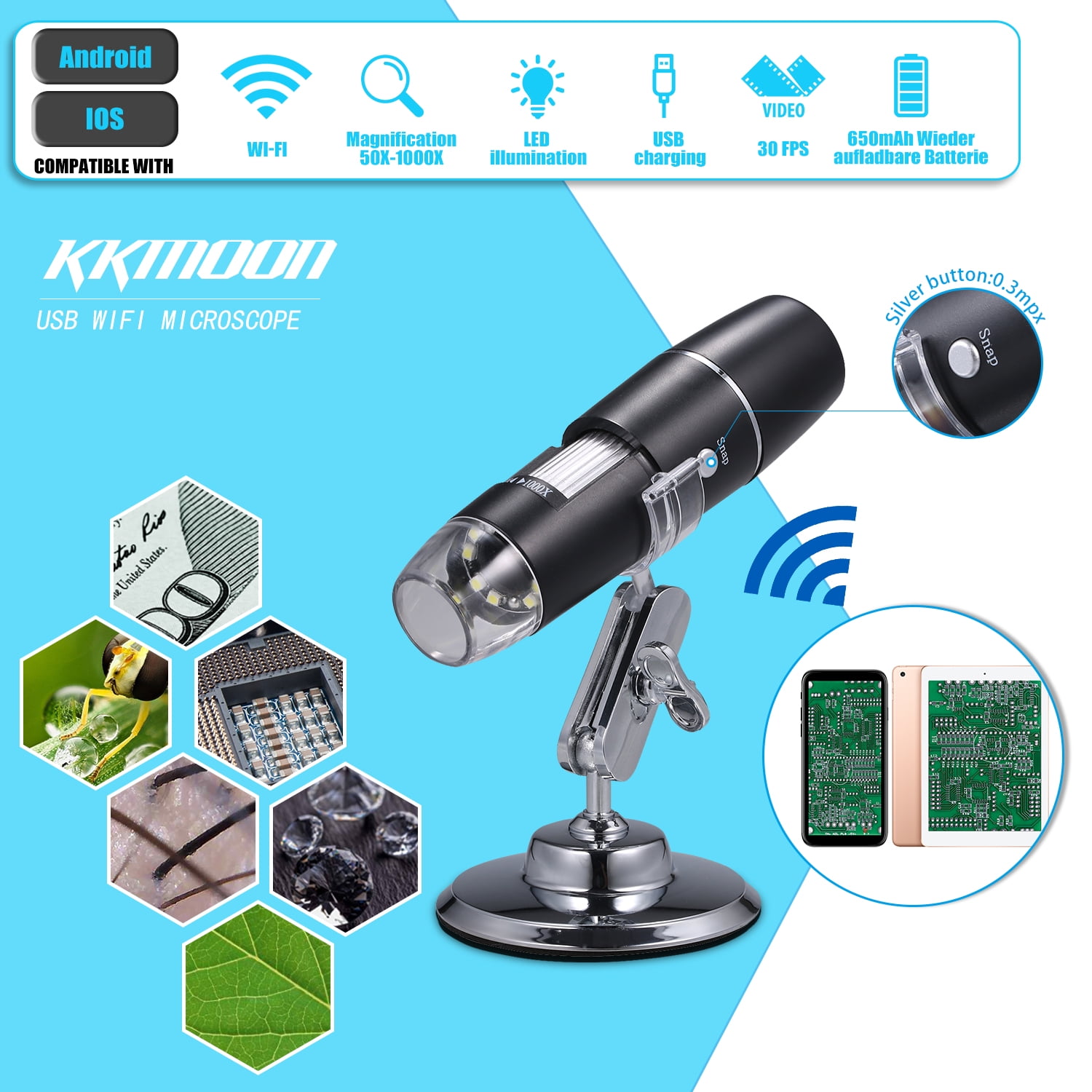 for Phone Smartphone LED Light Convenient Operations WIFI Microscope 【New Year Deals】Digital Black Good Performance Electron Microscope