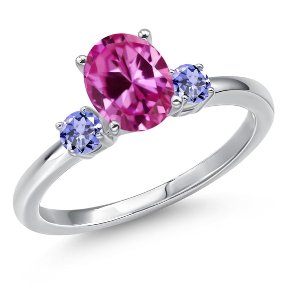 Gem Stone King 14K White Gold Pink Created Sapphire and Blue Tanzanite Engagement Ring for Women | 1.95 Cttw | Oval 8X6MM | Gemstone September Birthstone | Size 7