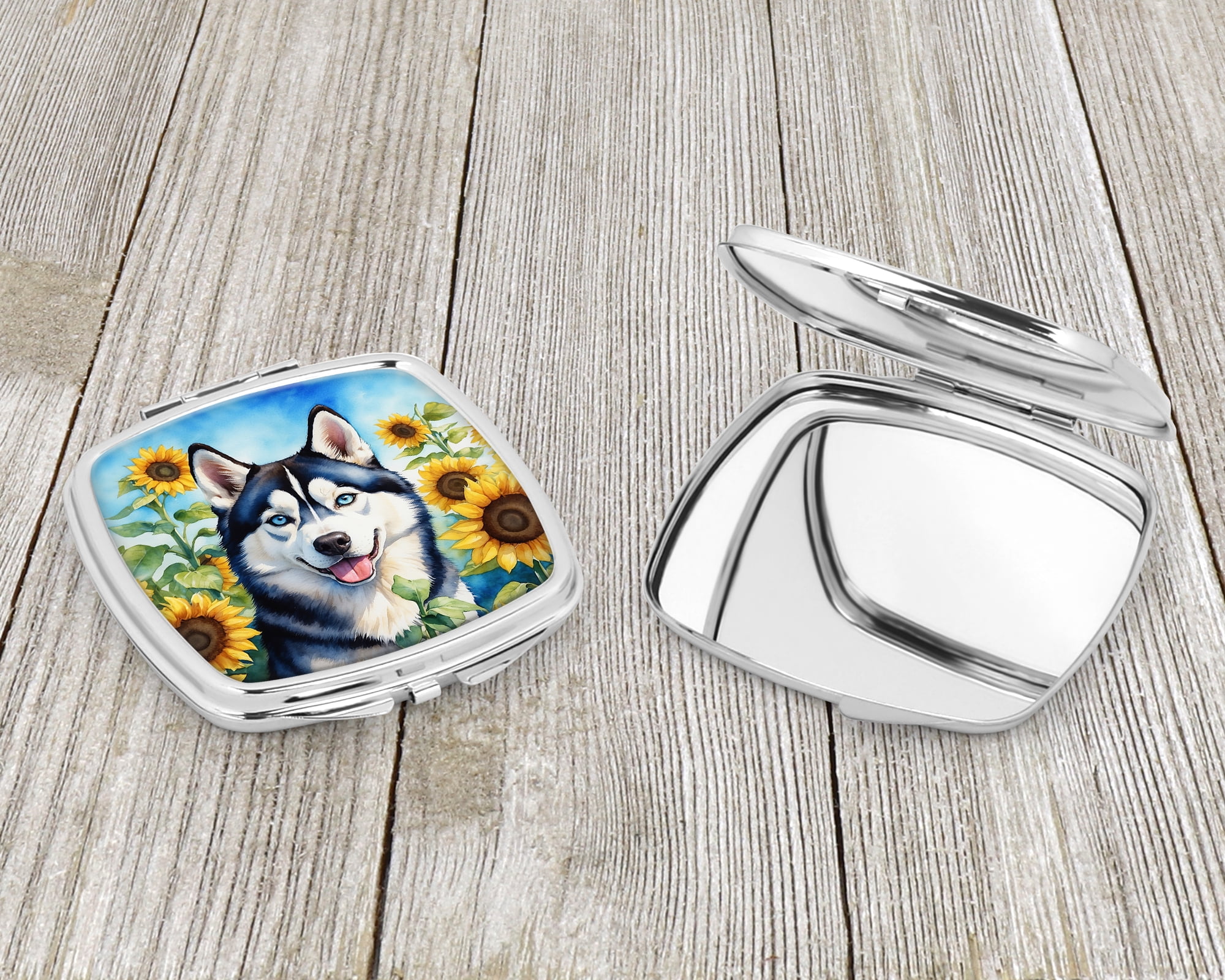 Siberian Husky in Sunflowers Compact Mirror 2.75 in x 3 in