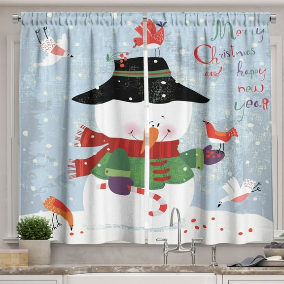 Ambesonne Snowman Kitchen Curtains, Xmas New Year Grunge, 55"x39", Multicolor
