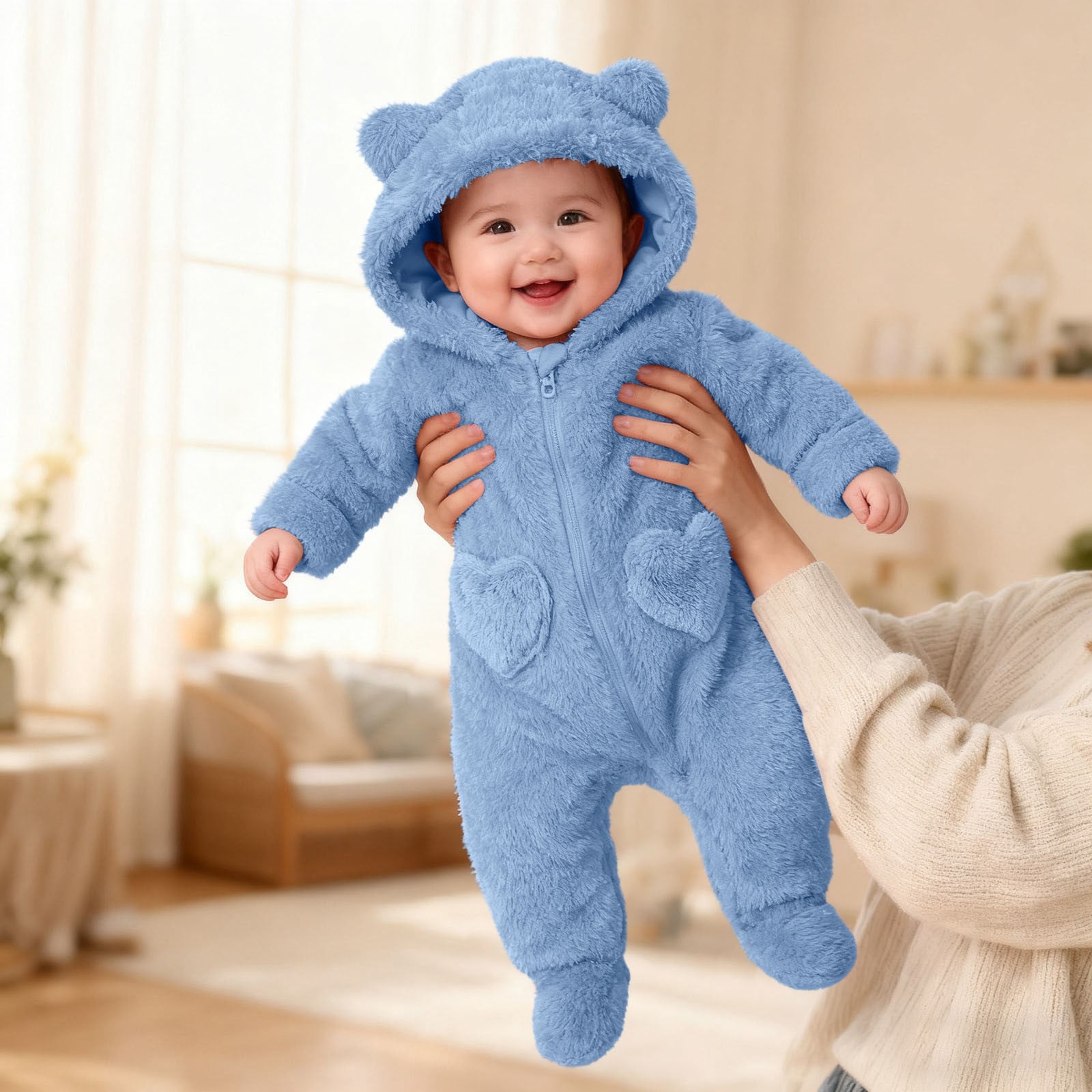 Baby Jumpsuit Baby Snowsuits Winter Romper with Hood Bear Snowsuit Boy and Girl One Piece Suit for 0-12 Months, Blue, 3-6 Months