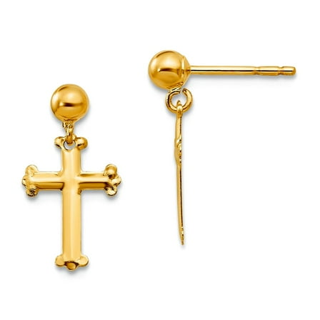 8mm 10k Solid Yellow Gold Religious Faith Cross Dangle Post Earrings 14x8mm Wide Dangle Earring for Women