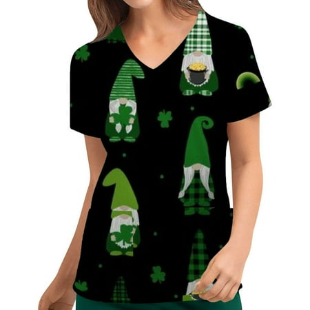 

MELDVDIB St.Patrick s Day Workwear Uniform T Shirt for Women Short Sleeve V-Neck Scrubs Top Tee with 2 Pockets