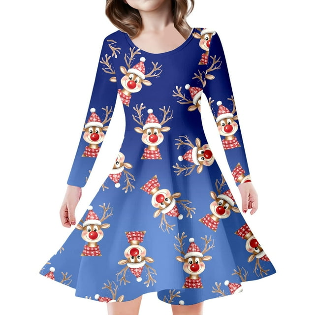 WEAIXIMIUNG Robe Bleue Enfants Filles Tout-Petits Arbres de Noël Imprimé Cerf Robe de Fête à Manches Longues 10-13 Ans