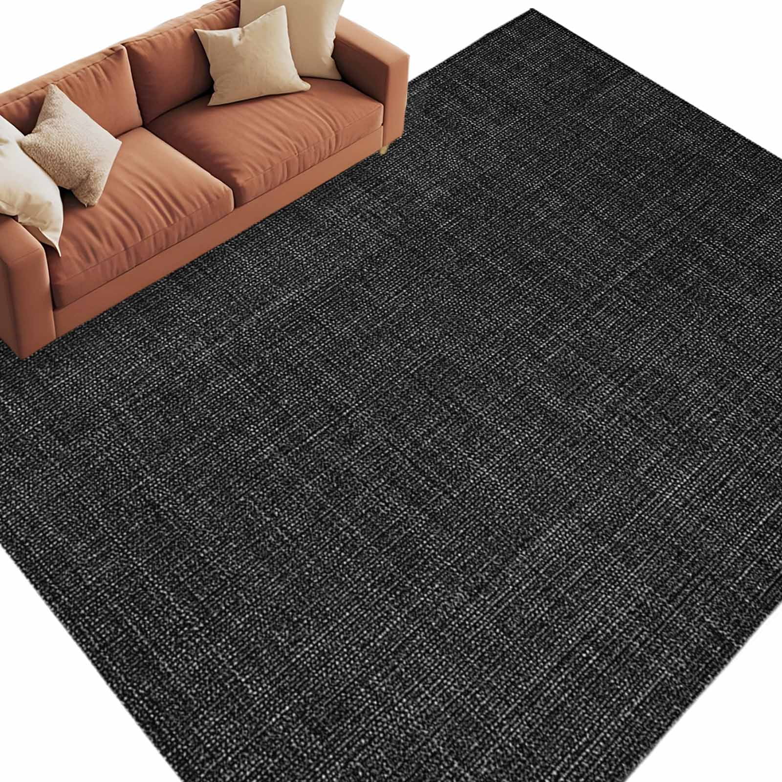 Black 8x10 Area Rugs, Farmhouse Burlap Solid Black Color Modern Linen Texture Non-Skid Rubber Backing Large Rectangle Rugs - Living Room Bedroom Home Office, Indoor Floor Mat Carpets Washable Rug