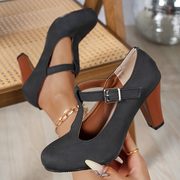 DIVVce T-Strap Mary Jane Heels For Women Closed Toe Adjustable Buckle Comfort Office Footwear