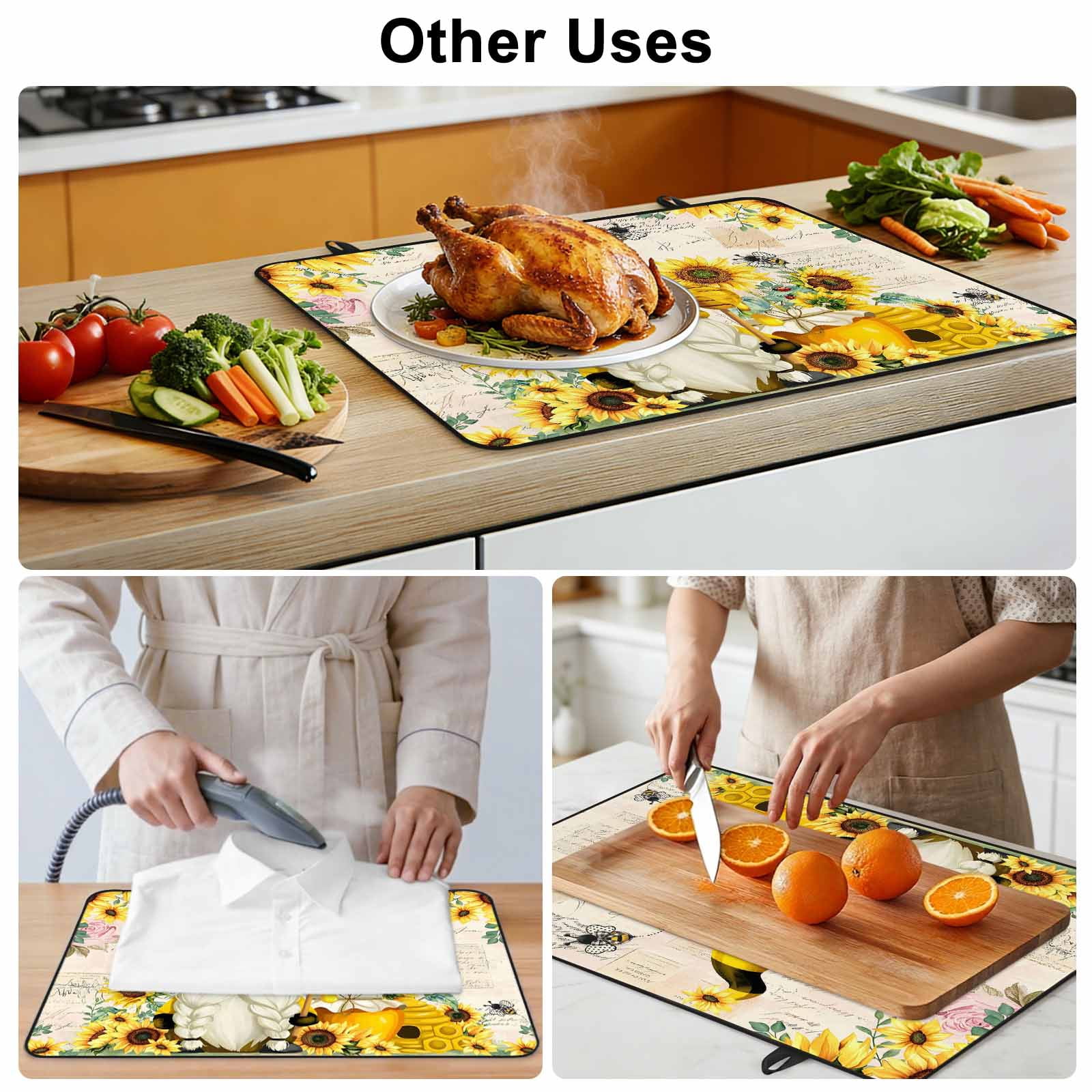 Yellow Gnomes Stove Top Cover for Electric Stove, Heat-proof & Non Slip Glass Top Stove Cover Protector, Sunflower Floral Bee Vintage Kitchen Flat Cooktop Rubber Mat 24x21 Inches