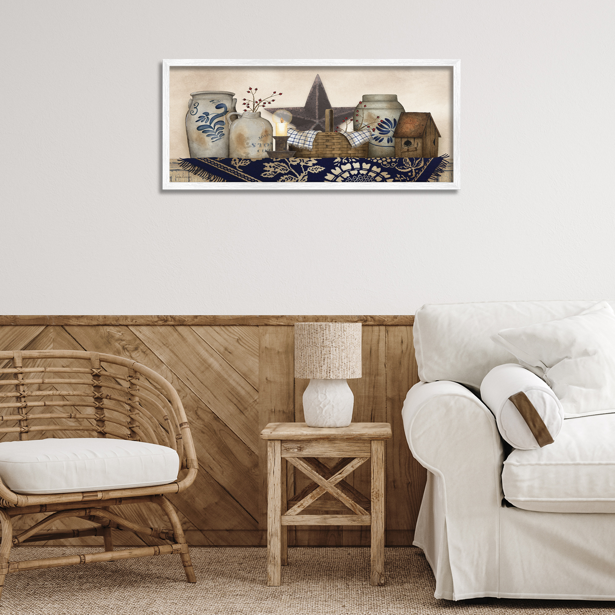 Stupell Industries Rustic Pottery Jars Botanical & Floral Painting White Framed Art Print Wall Art, 30 x 13