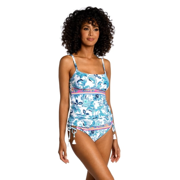 La Blanca Women's Lingerie Strap Tankini Swimsuit Top, Emerald//Santorini Sun, 6