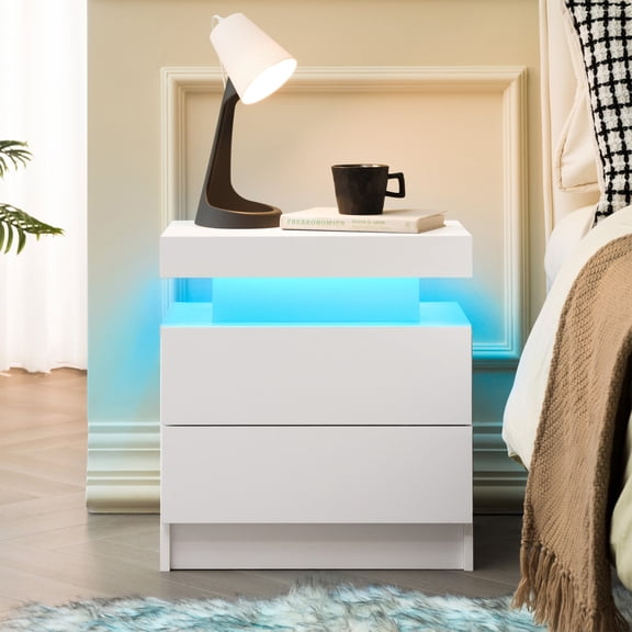 2-Drawer LED Bedside Table - Modern Nightstand Cabinet with LED Lights, Space-Saving End Side Storage for Bedroom,White