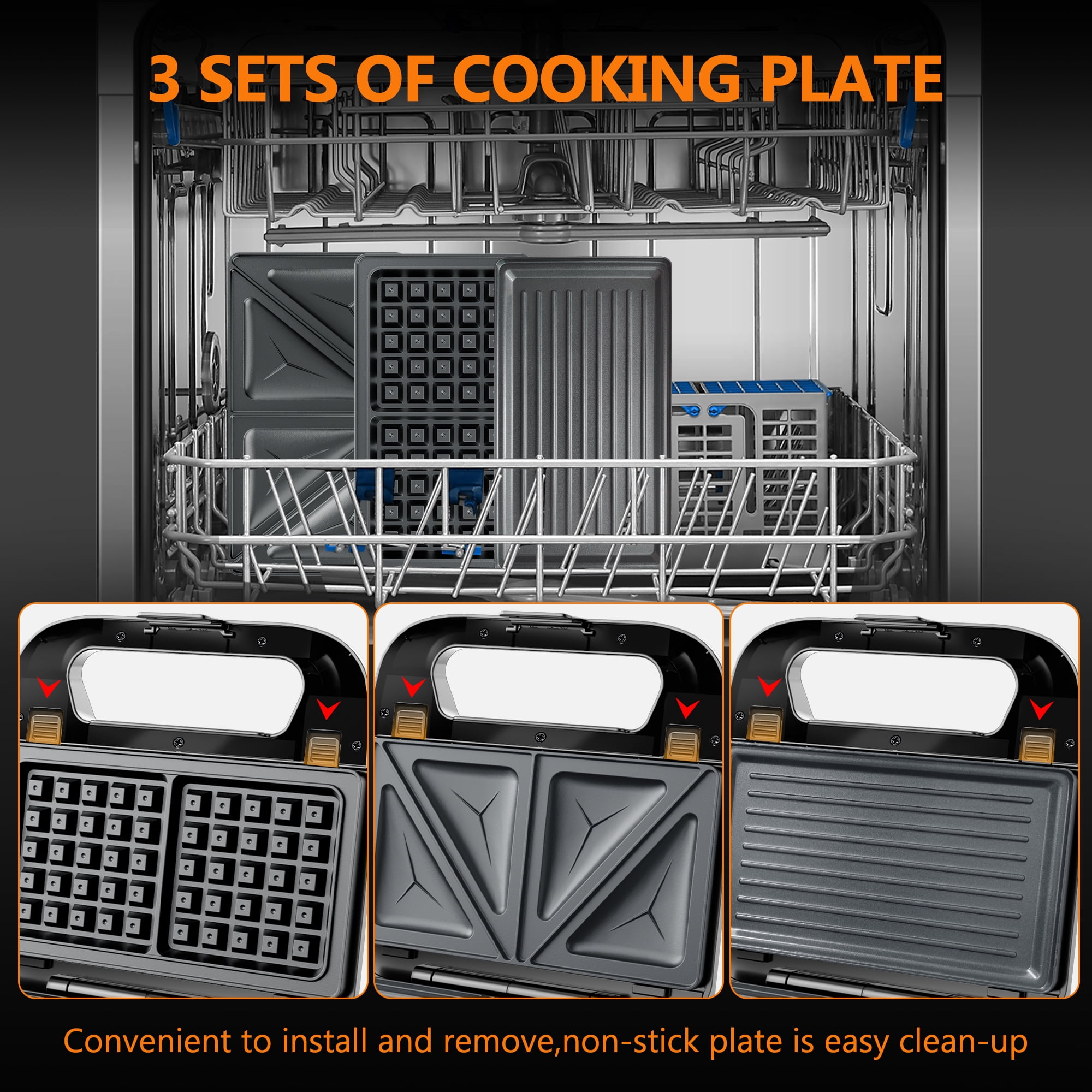 3 in 1 Sandwich Maker & Waffle Maker, 750W Panini Press with Removable Non-Stick Plate Easy to Clean, Grilled Cheese Maker for Home Kitchen Breakfast