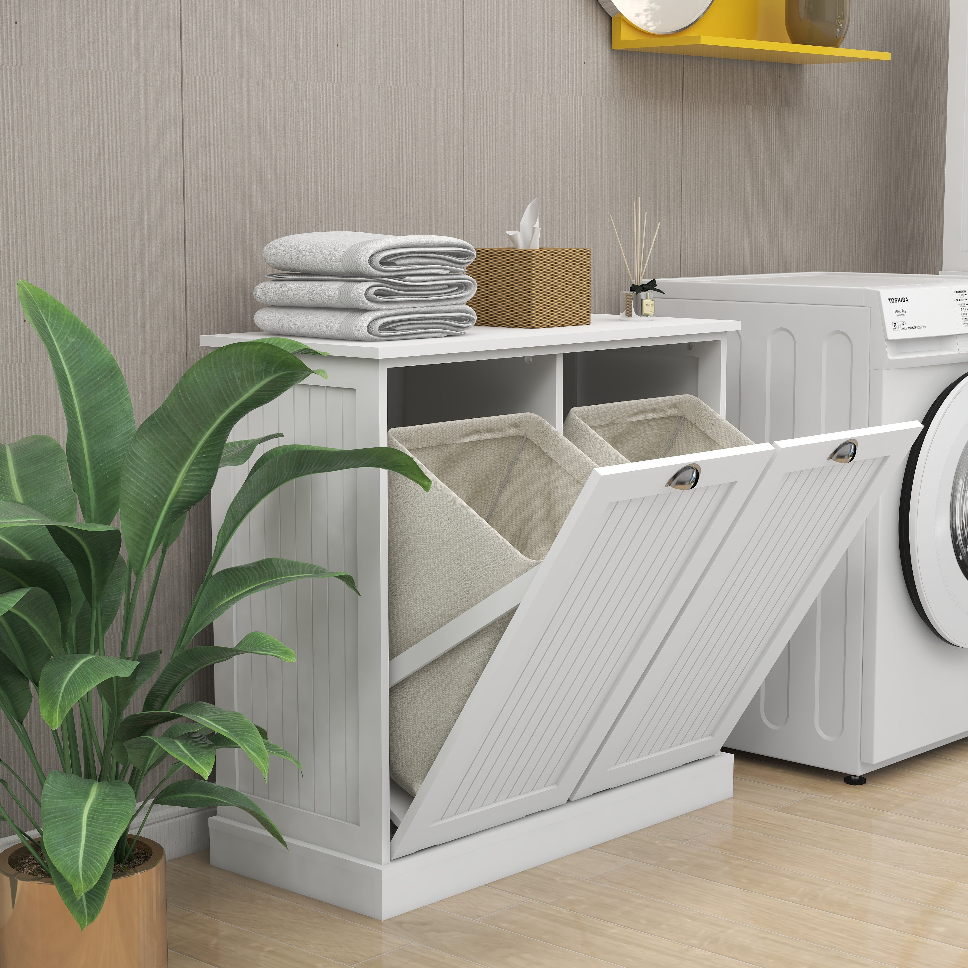 Aukfa Double Tilt Out Laundry Hamper Cabinet,Bathroom Laundry Cabinet with Basket,White