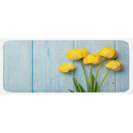 

Tulip Kitchen Mat Yellow Flowers on Old Wooden Rustic Background Valentines Romantic Theme Plush Decorative Kitchen Mat with Non Slip Backing 47 X 19 Yellow Green Pale Blue by Ambesonne