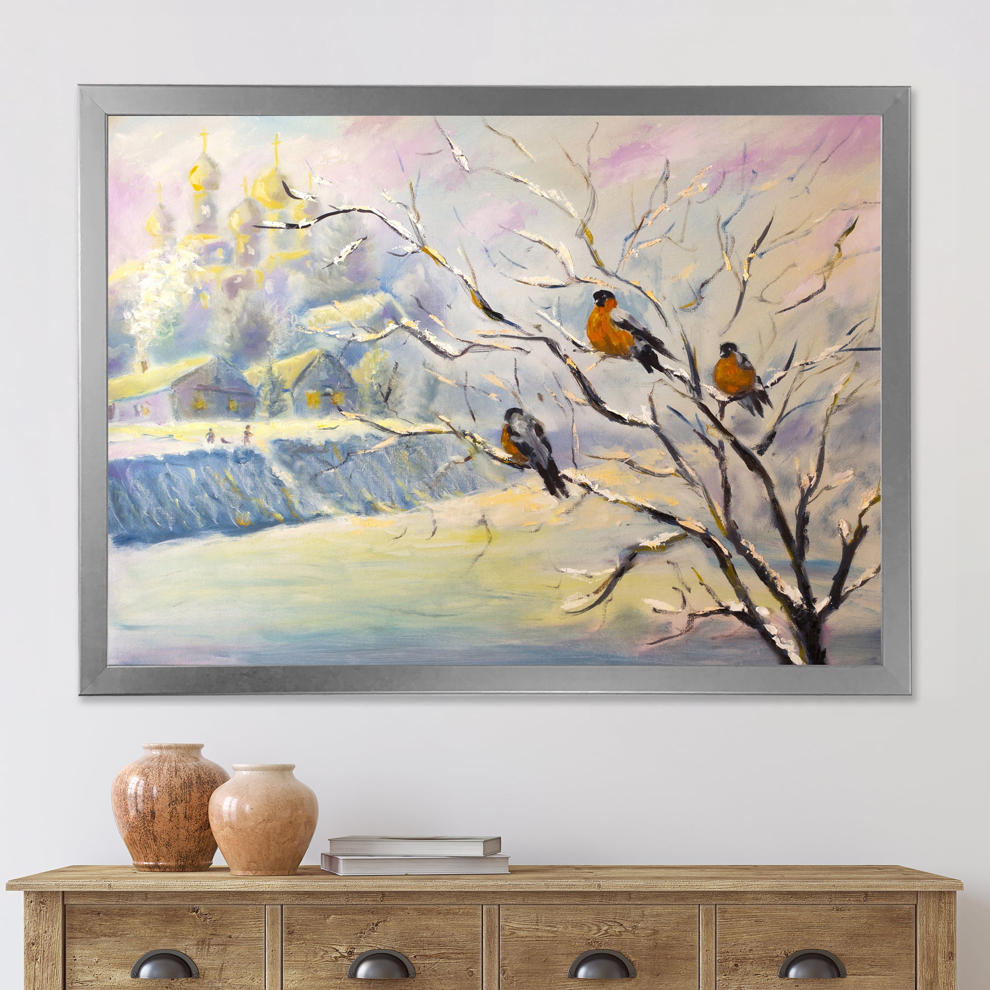 Designart 'Rustic Birds Sitting On A Tree In Winter Village' Farmhouse Framed Art Print