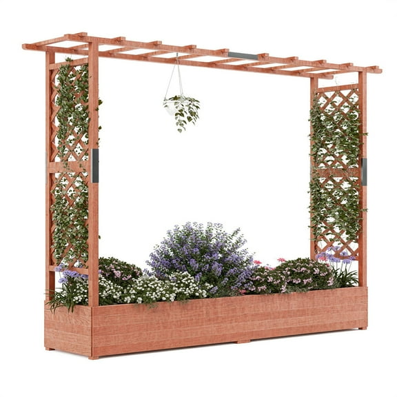 Dual-Section Wood Planter Box With Trellis For Outdoors,Raised Garden Bed For Hanging Baskets,1.4Ft Depth Large Planter Box With Hanging Roof & 8 Drainage Holes For Climbing Plant,Vegetables,Flowers