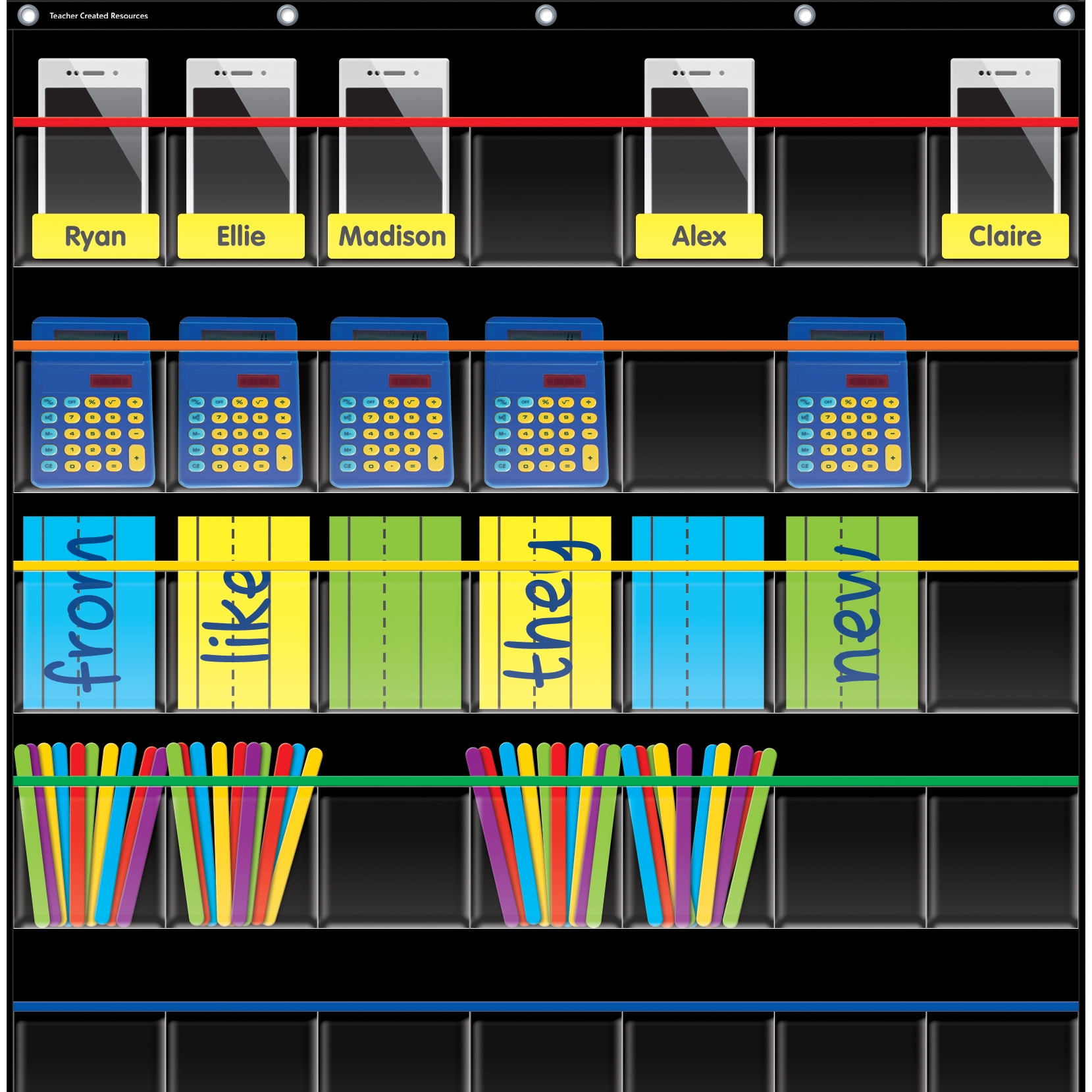 Teacher Created Resources Black Storage Pocket Chart, 35 Pockets, 32.5" x 63.5"