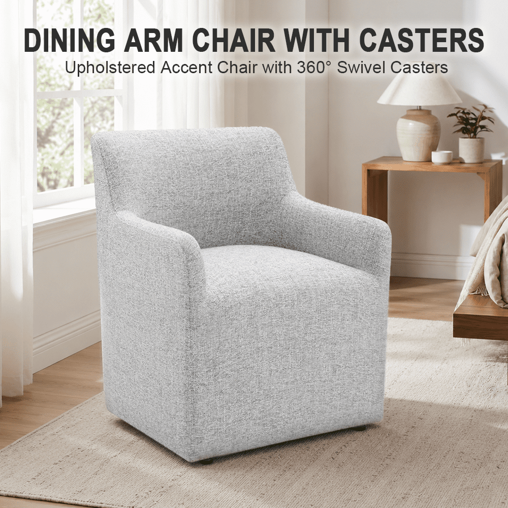 Aenkyo Upholstered Dining Arm Chair with Casters, Barrel Back Rolling Accent Chair, Feather Gray