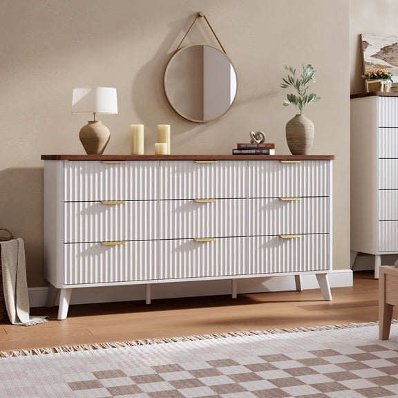 9-Drawer Fluted Dresser TV Stand 60.6" Wide with Curved Design for Bedroom Living Room Hallway - White