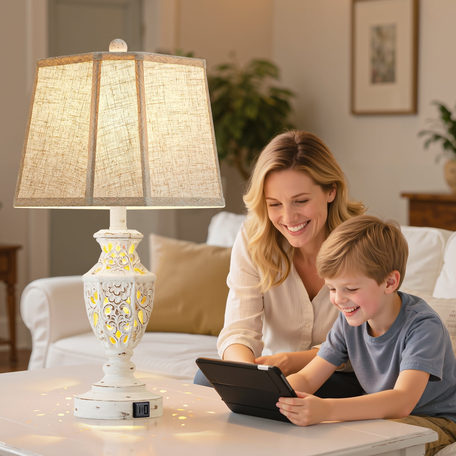 NATYSWAN Table Lamps Set of 2, 23.5"Bedside Lamp with USB A+C and Nightlight, Cream Modern Resin End Lamps for Bedroom Living Room