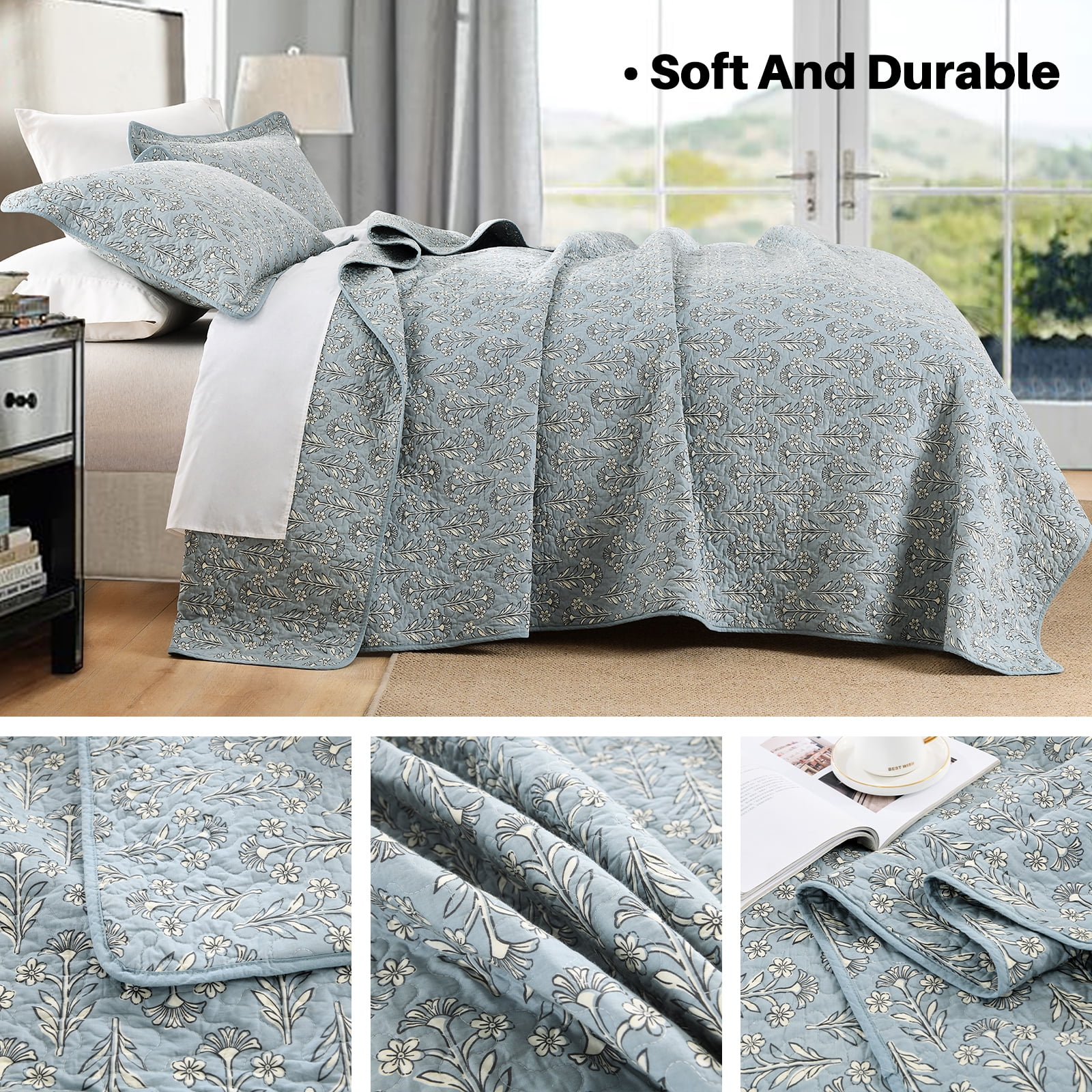 Bedduvit Dusty Blue Floral Quilt, 100% Organic Cotton Queen Size Quilt Set, Lightweight Quilted Bedspread for Queen Bed, Elegant Modern All Season 3-Piece Spring Summer Comforter Bedding Set, 98"x90"