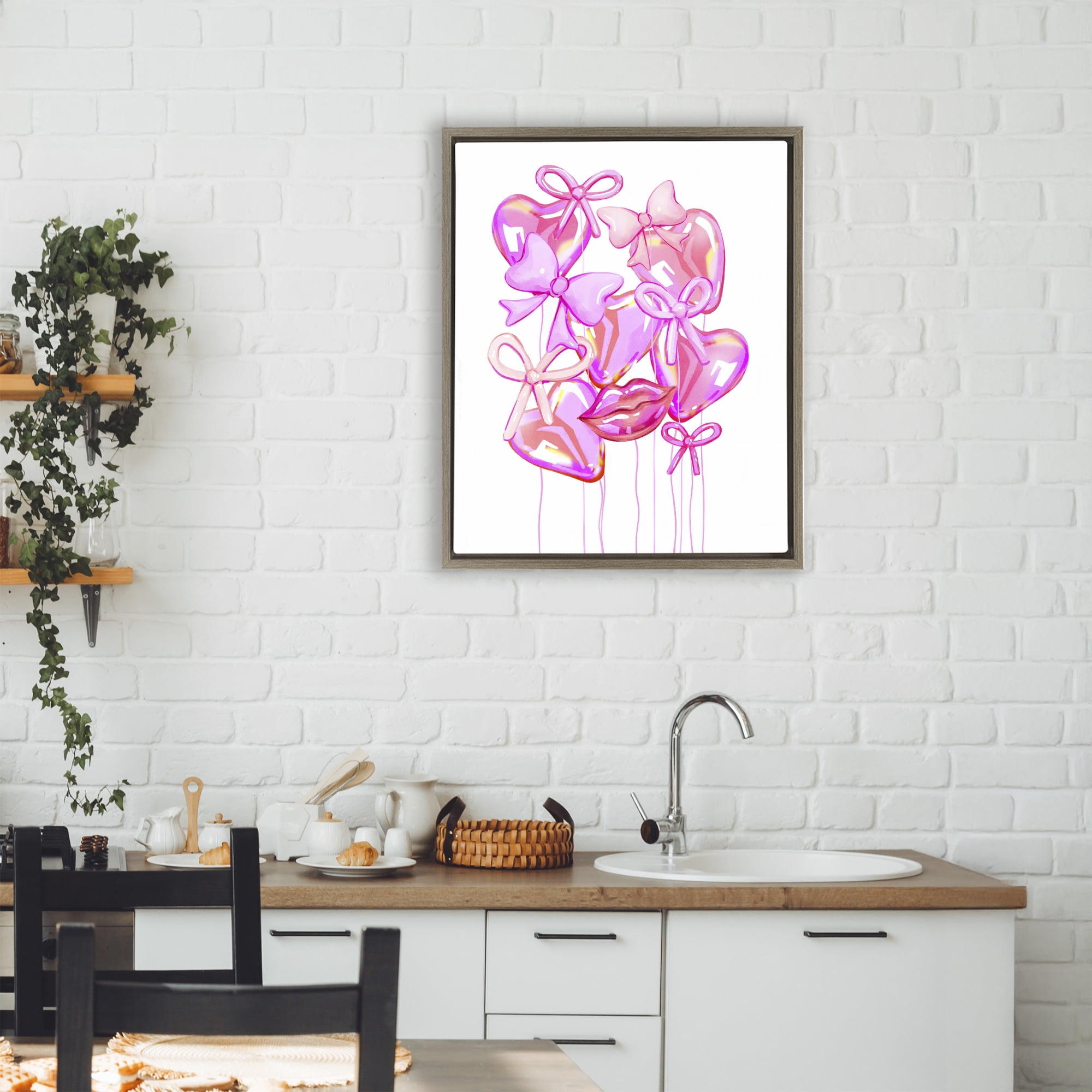 Pink Heart and Bow Balloons Brown Framed Floater Canvas Wall Art, design by Ziwei Li