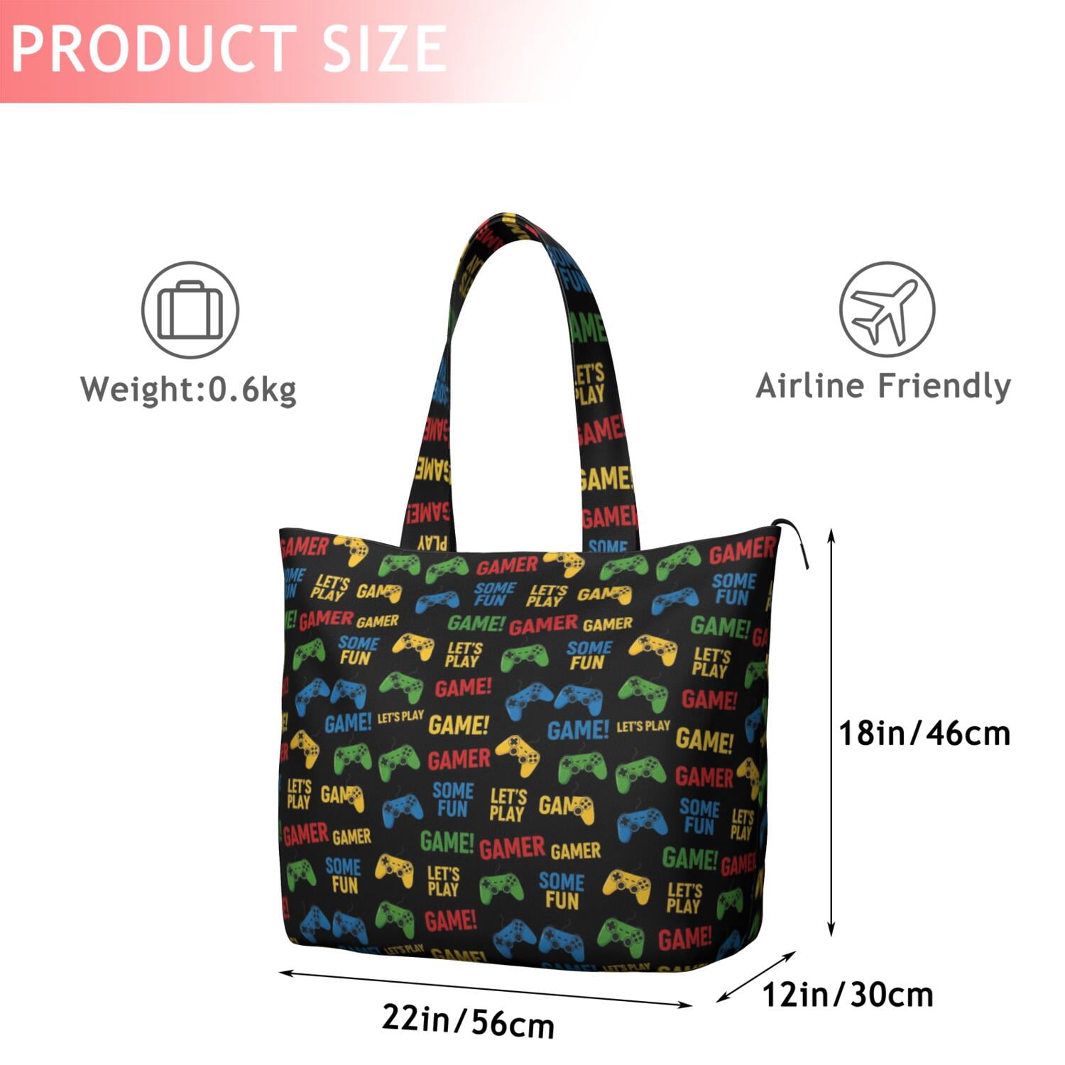 Multicolor Controllers Games Icons Black Pattern Travel Tote Bags for Women Carry On,Large Weekender Bags for Women Travel,Multi Functional Duffle Bag for Work,Shopping,Sports