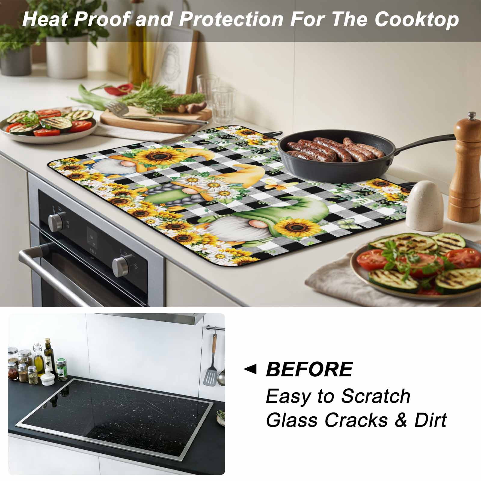 Spring Gnomes Stove Top Cover for Electric Stove, Heat-proof & Non Slip Glass Top Stove Cover Protector, Botanical Budding Sunflowers Buffalo Plaid Kitchen Flat Cooktop Rubber Mat 24x21 Inches
