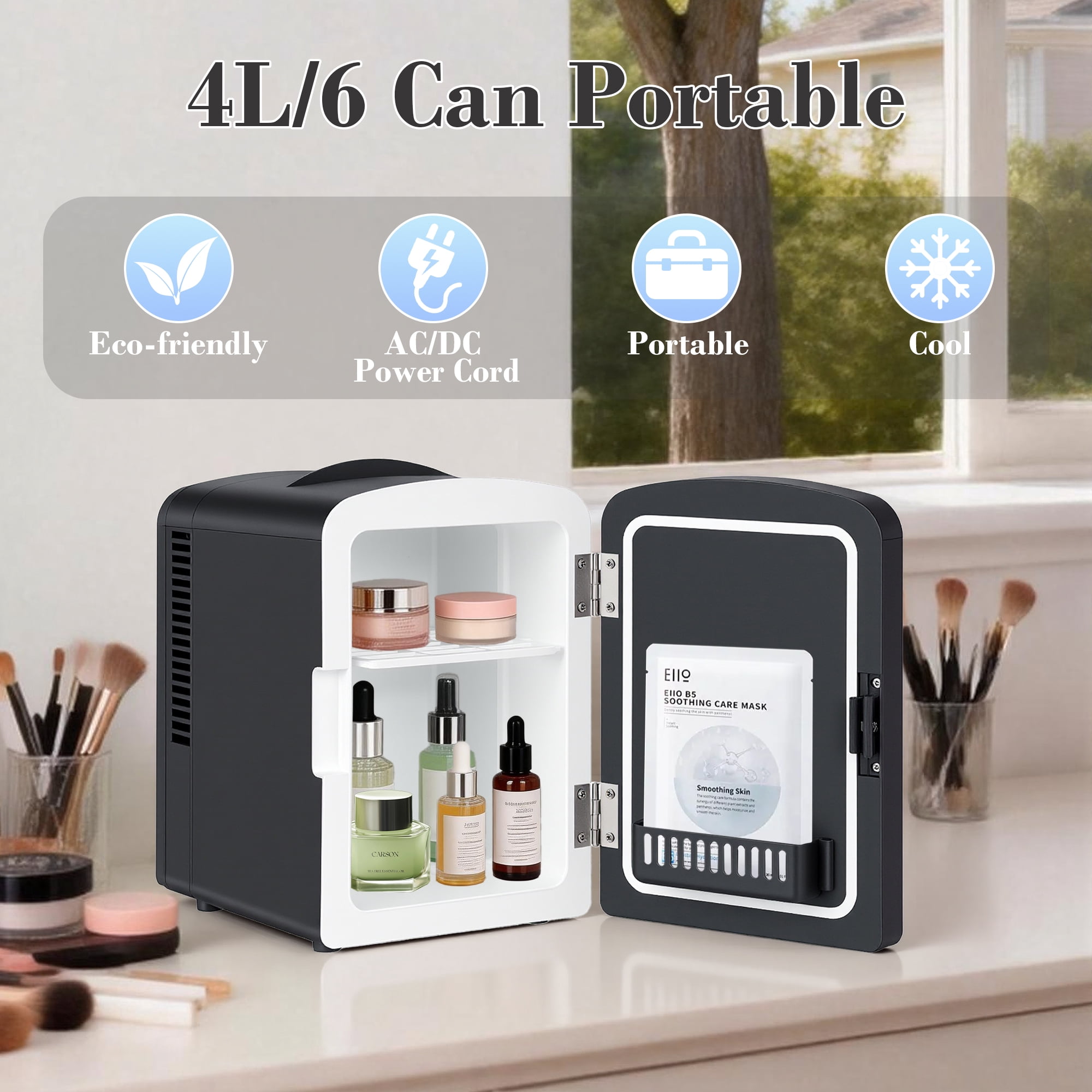 iceBlue LED Mirror Skincare Refrigerator- 4L Mini Fridge for Makeup & Drinks - Car/Home Portable Cooler