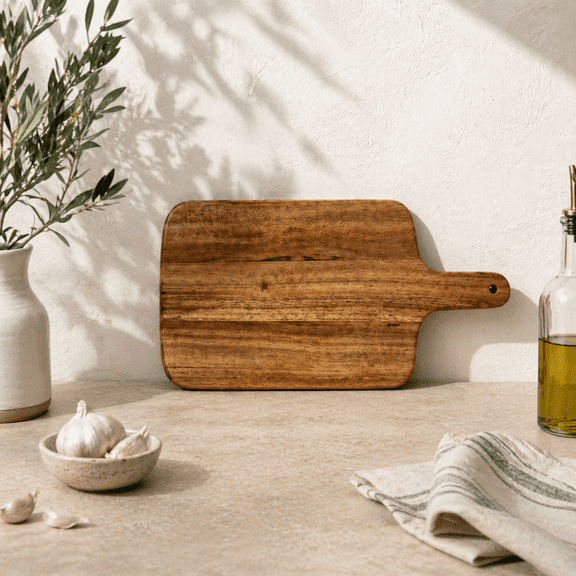 Acacia Wood Chopping Board with Handle, Wooden Cutting Board for Kitchen, Serving Board for Bread, Cheese, Fruits & Vegetables, Handcrafted Wood Paddle Board, 8x0.75x17.75 Inches