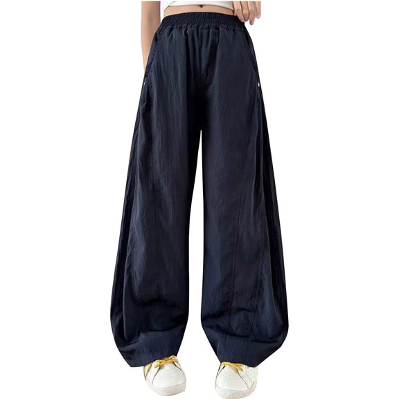 CPNG Girls Casual Sweatpants Solid Color Wide Leg Elastic Waist Baggy Sweatpants Loose Lightweight Street Style Pants