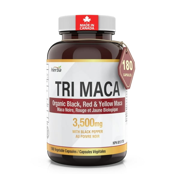 Organic Tri Maca Root for Men & Women 3500mg – 180 Capsules | Yellow, Black, Red Maca for Women & Men | Sourced from Peru | 10:1 Extract with Black Pepper | Herba | Made in Canada