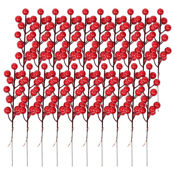 20 piezas de tallos de bayas de acebo de bayas rojas con purpurina navideña, artificiales para Adornos de árbol de Navidad