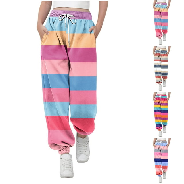 MKOSPLRT Pantalon de Jogging Ample pour Fille Tout-Petit, Taille Haute Élastique, Rayé, à Blocs de Couleur, Bas Resserré