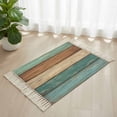 thumbnail image 3 of Farmhouse Teal Brown Bathroom Rug 2'x3', Vintage Retro Wooden Low Profile Front Entryway Rug with Tassels, Woven Cotton Washable Kitchen Mat Carpet for Foyer Bedroom Back Door Decor, 3 of 9